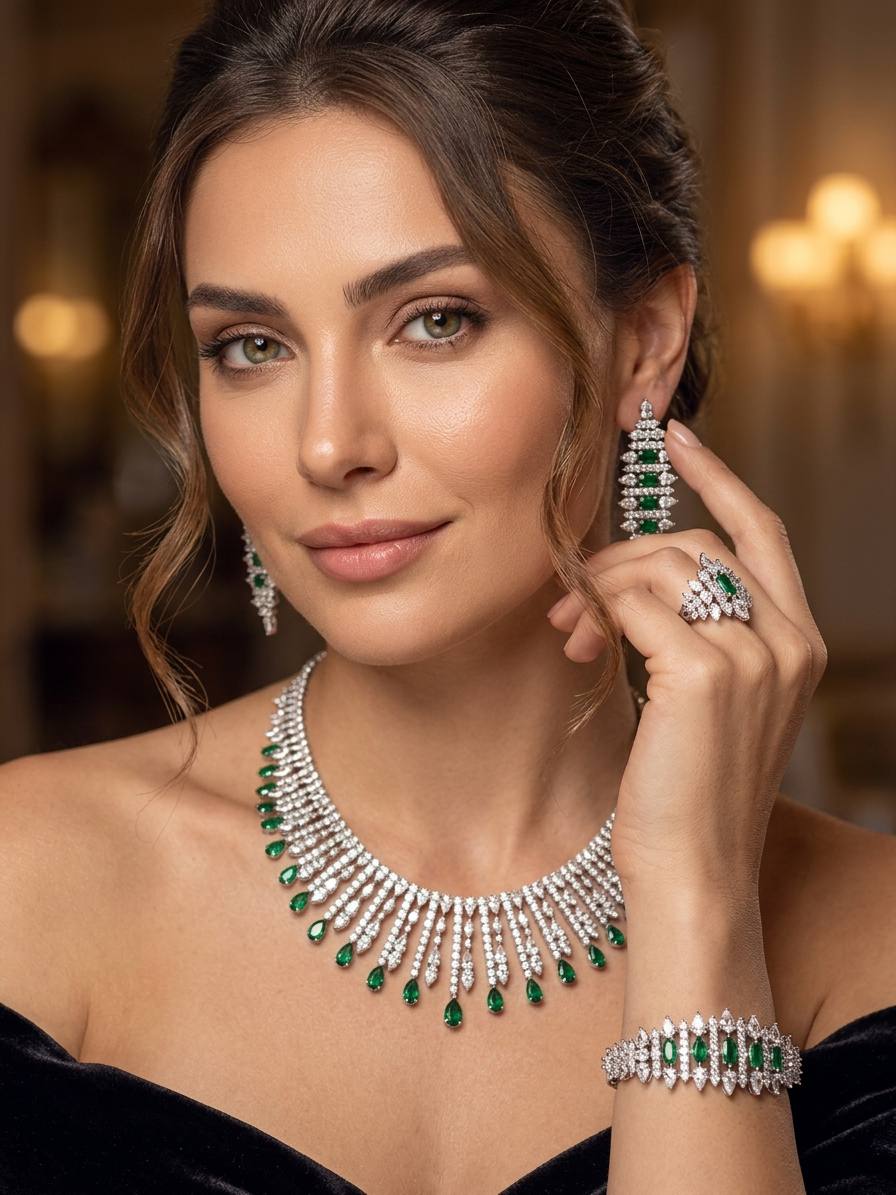 Omnia Lana Green Bridal Full Set in High Quality Zircon Stone Rhodium Plated