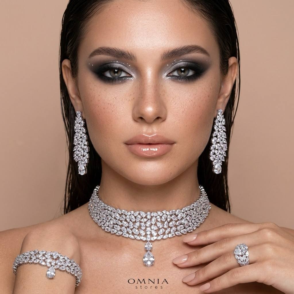 Omnia Nuray Luxury Bridal Full Set Accessories in High Quality Zircon Stone in Rhodium Plated