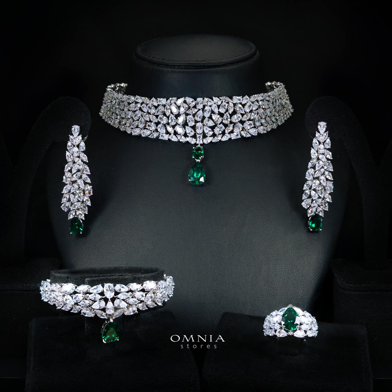 Omnia Nuray Green Luxury Bridal Full Set Accessories in High Quality Zircon Stone in Rhodium Plated