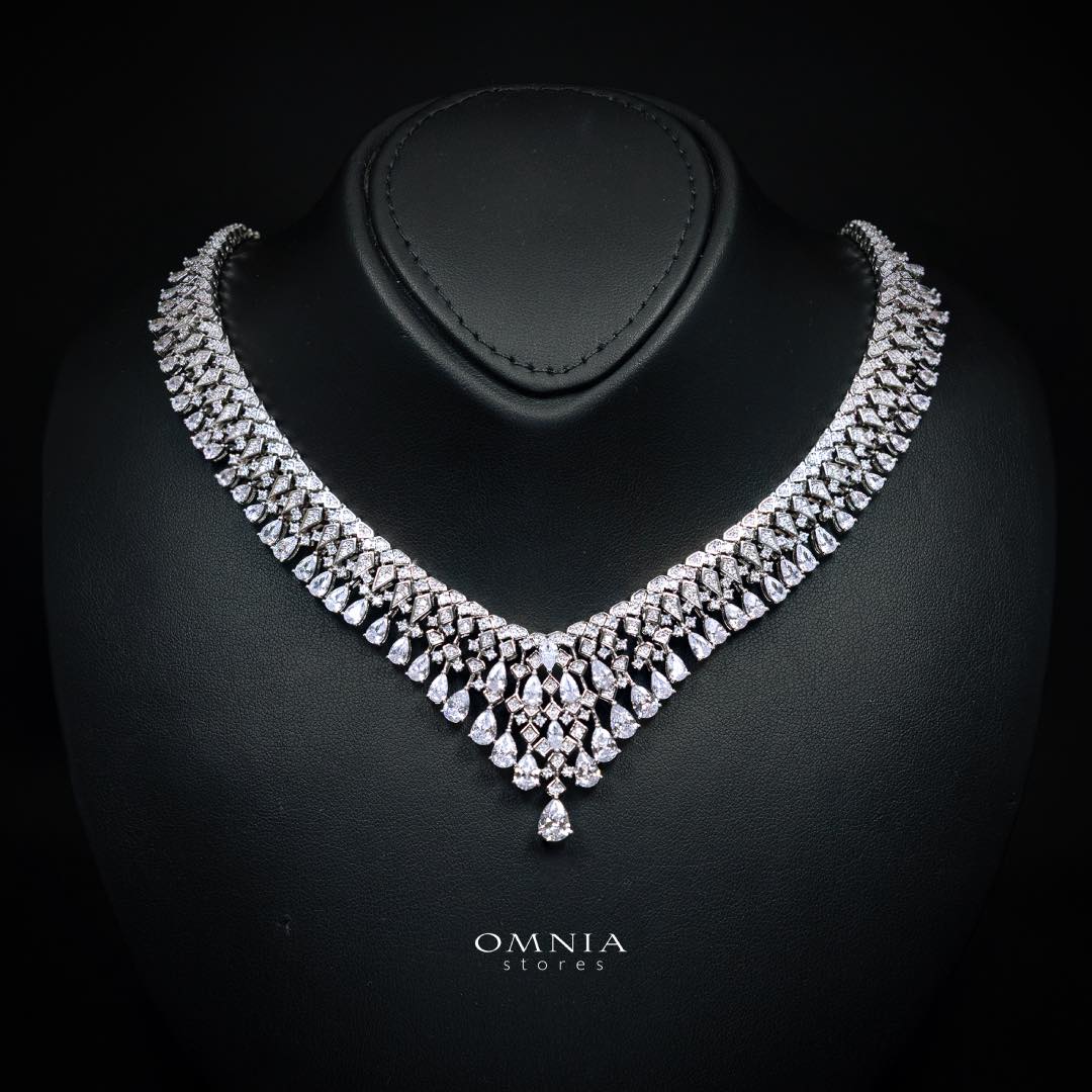 Omnia Melora White Luxury Bridal Full Set with Pear-Cut and Baguette Zircon in Cascading Design in High-Quality Rhodium Plated