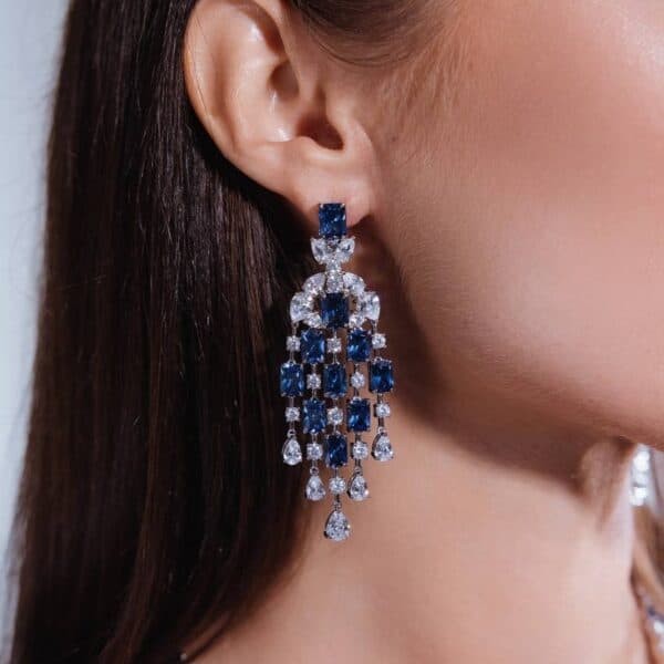 Omnia Israa Blue Chandelier Earrings In 92.5 Silver High Quality Simulated diamonds - OMNIASTORES UAE