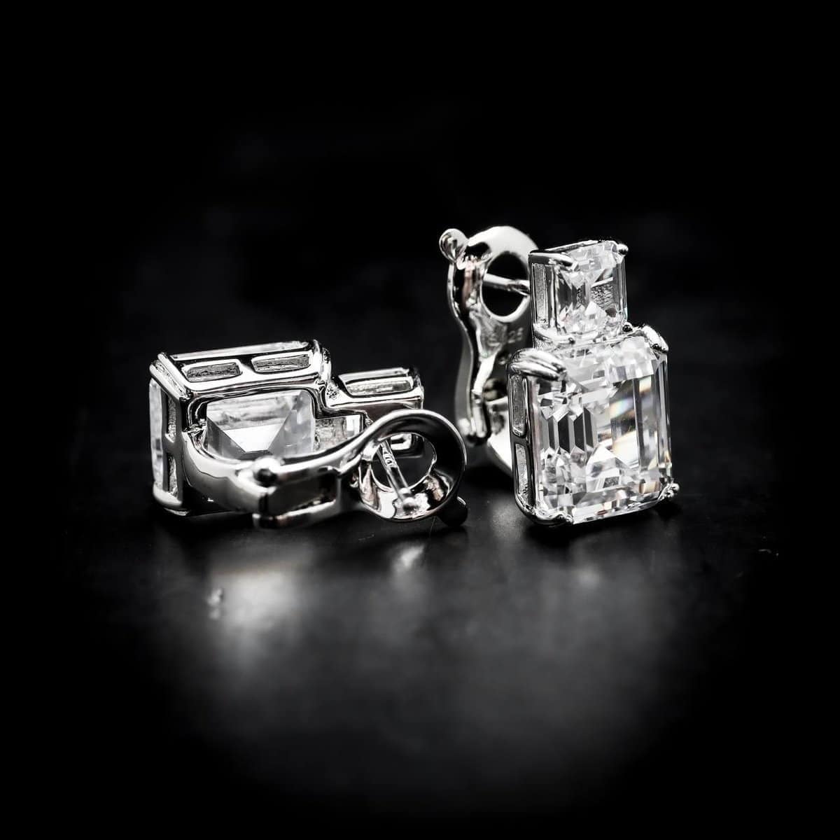 Omnia Candice White Emerald Cut Clip-On Earrings in 92.5 Silver with High Quality Simulated Diamonds - OMNIASTORES UAE