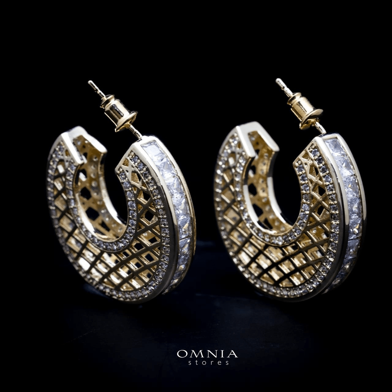 Omnia Joud Golden Earrings in High Quality Zircon Stone Rhodium Plated - OMNIASTORES UAE