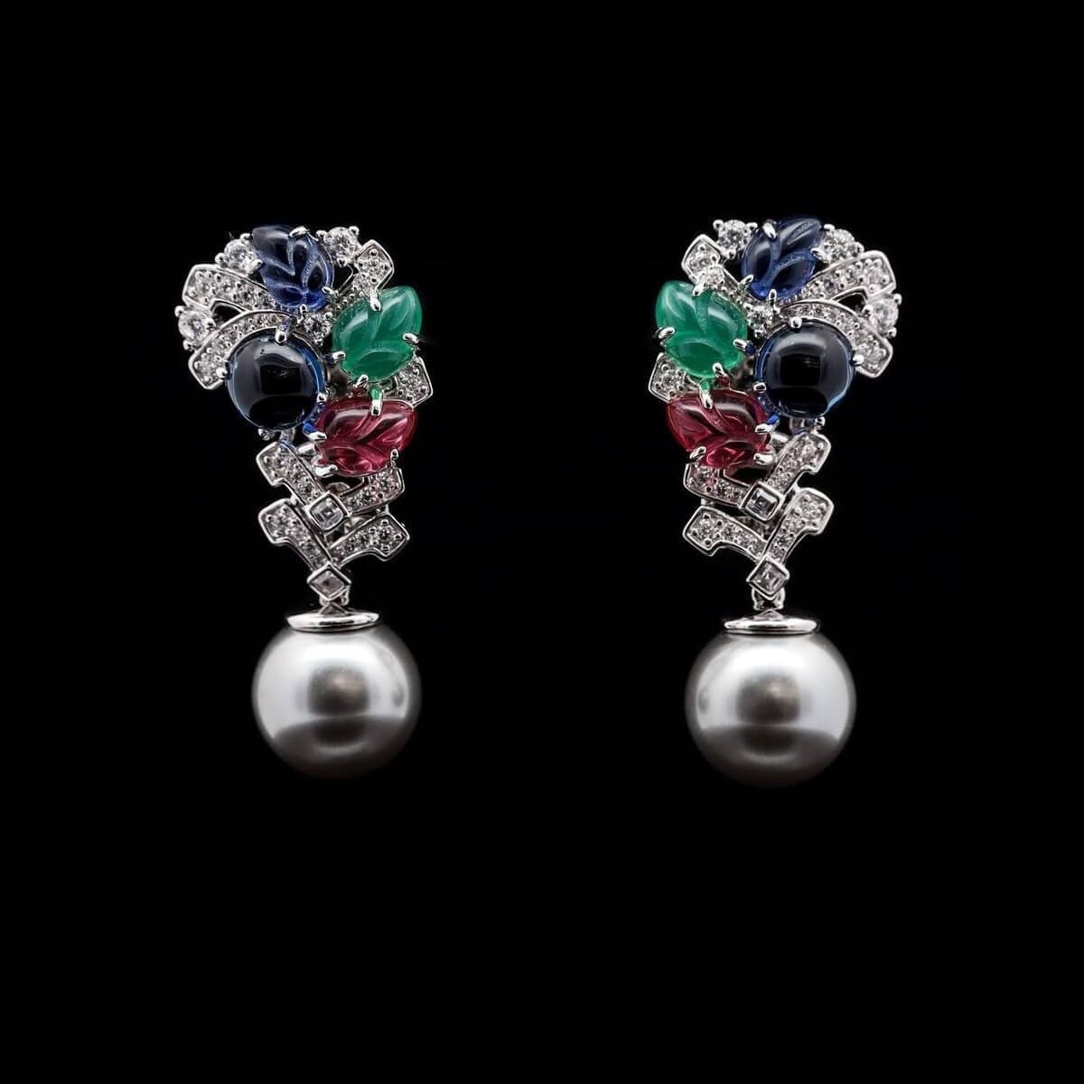 Omnia Amira Multicolor Floral Design Pearl Drop Earrings in 925 Silver with High-Quality Simulated Diamonds - OMNIASTORES UAE
