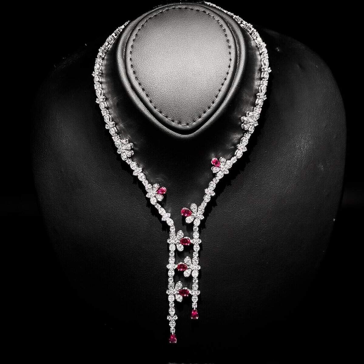 Omnia Lubna Maroon Bridal Full Set in 925 Silver with High-Quality Simulated Diamonds and Teardrop Design - OMNIASTORES UAE