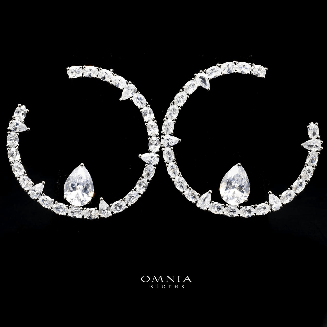 Omnia Maliha Teardrop Accent Crystal Hoop Earrings in High Quality Zircon Stone Rhodium Plated - OMNIASTORES UAE