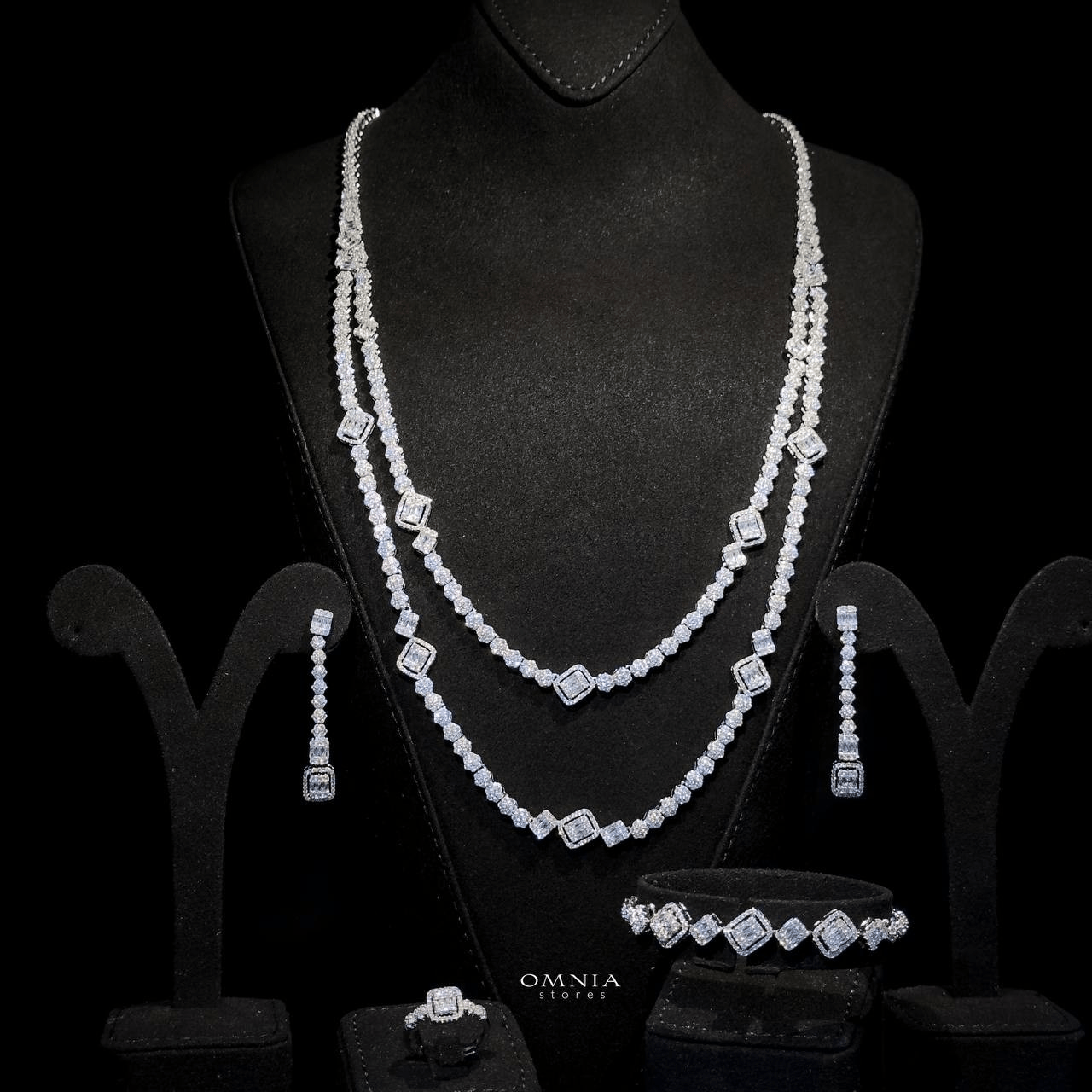 Omnia Thekra Bridal White Long chain Set Accessories High Quality Zircon Stone In Rhodium Plated - OMNIASTORES UAE
