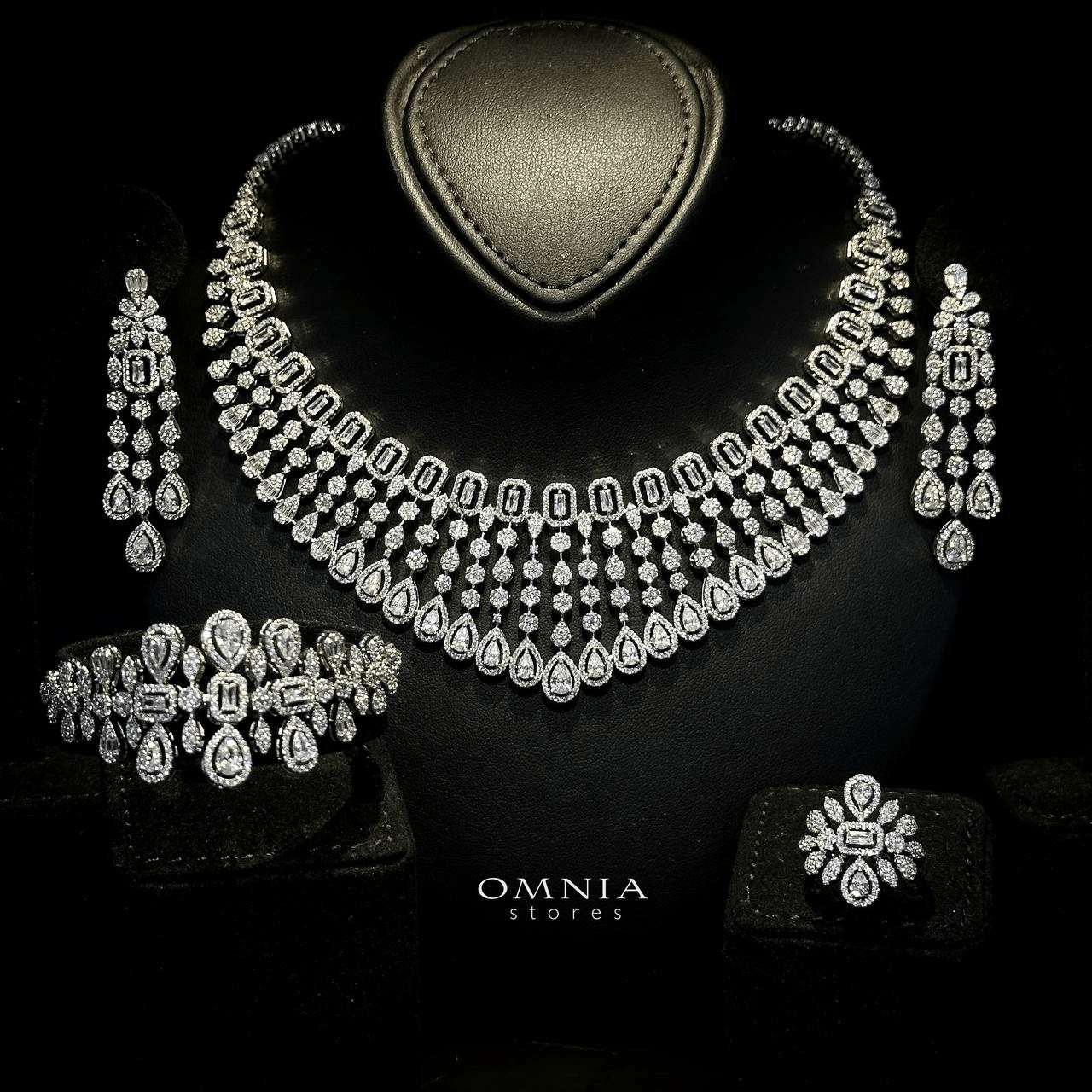 Omnia Latifa Bridal Full Set Accessories in High Quality Zircon Stone Rhodium Plated - OMNIASTORES UAE