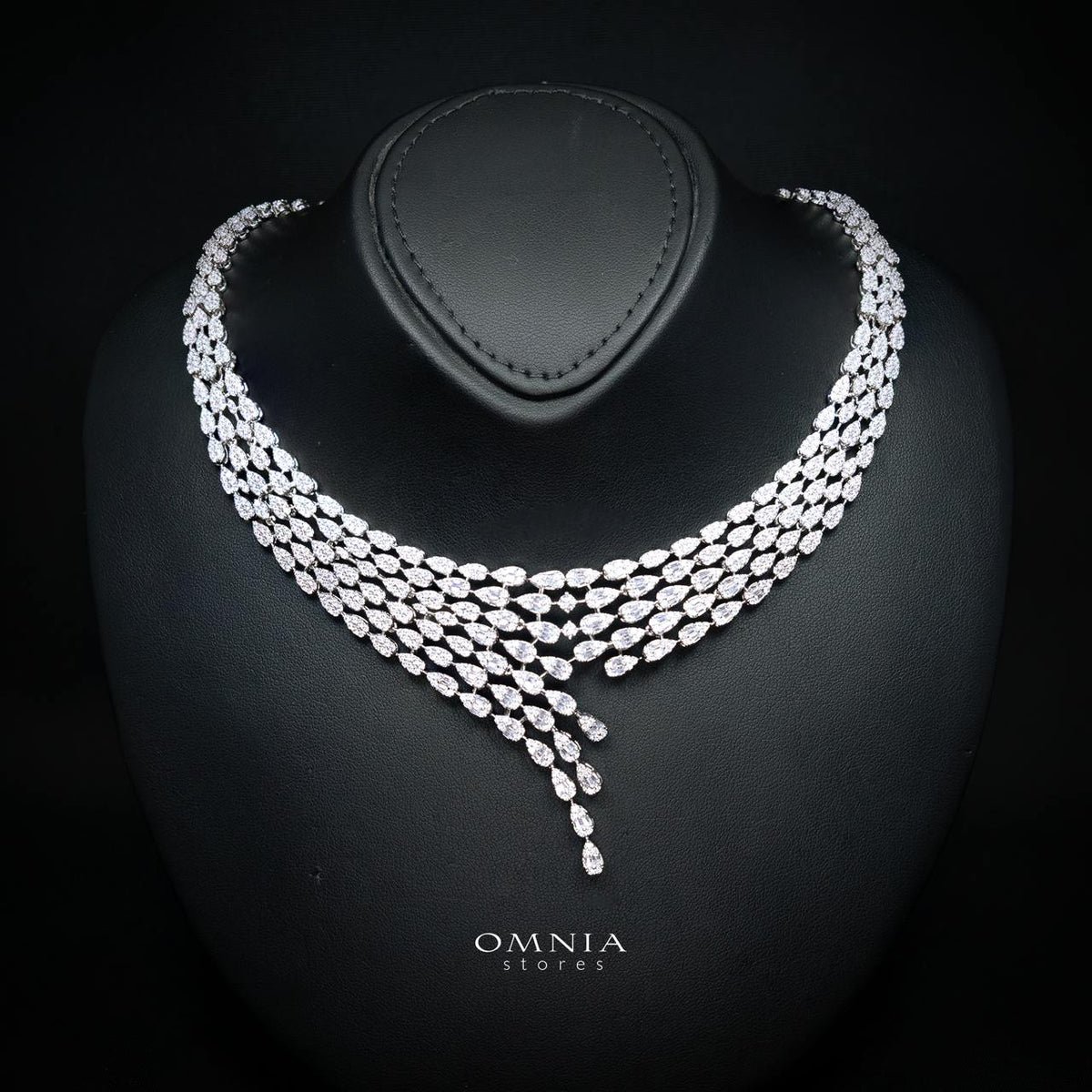 Daphne Luxury White Layered V-Cascade Drop Bridal Full Set with Premium Zircon Stones, Rhodium-Plated Finish
