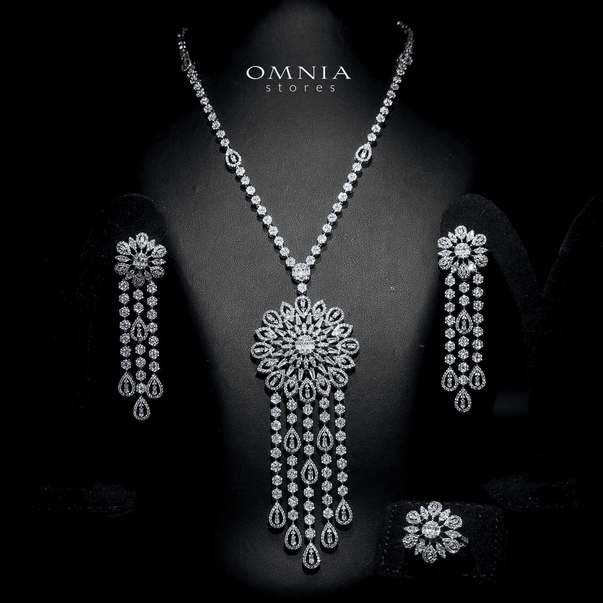 Omnia Rula Bridal Long chain Set Accessories High Quality Zircon Stone In Rhodium Plated - OMNIASTORES UAE