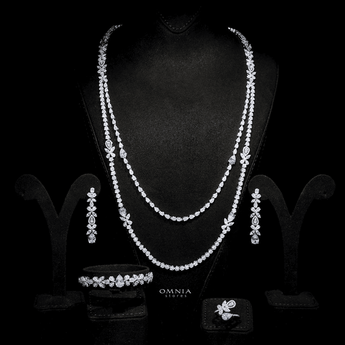 Omnia Yaza Bridal White Long chain Set High Quality Zircon Stone In Rhodium Plated - OMNIASTORES UAE