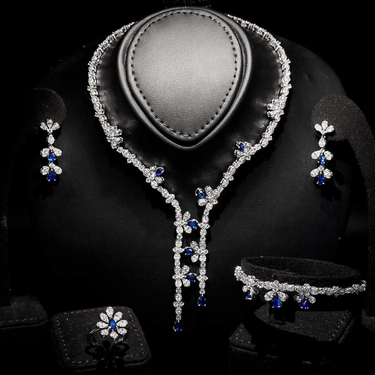 Omnia Lubna Blue Bridal Full Set in 925 Silver with High-Quality Simulated Diamonds and Teardrop Design - OMNIASTORES UAE