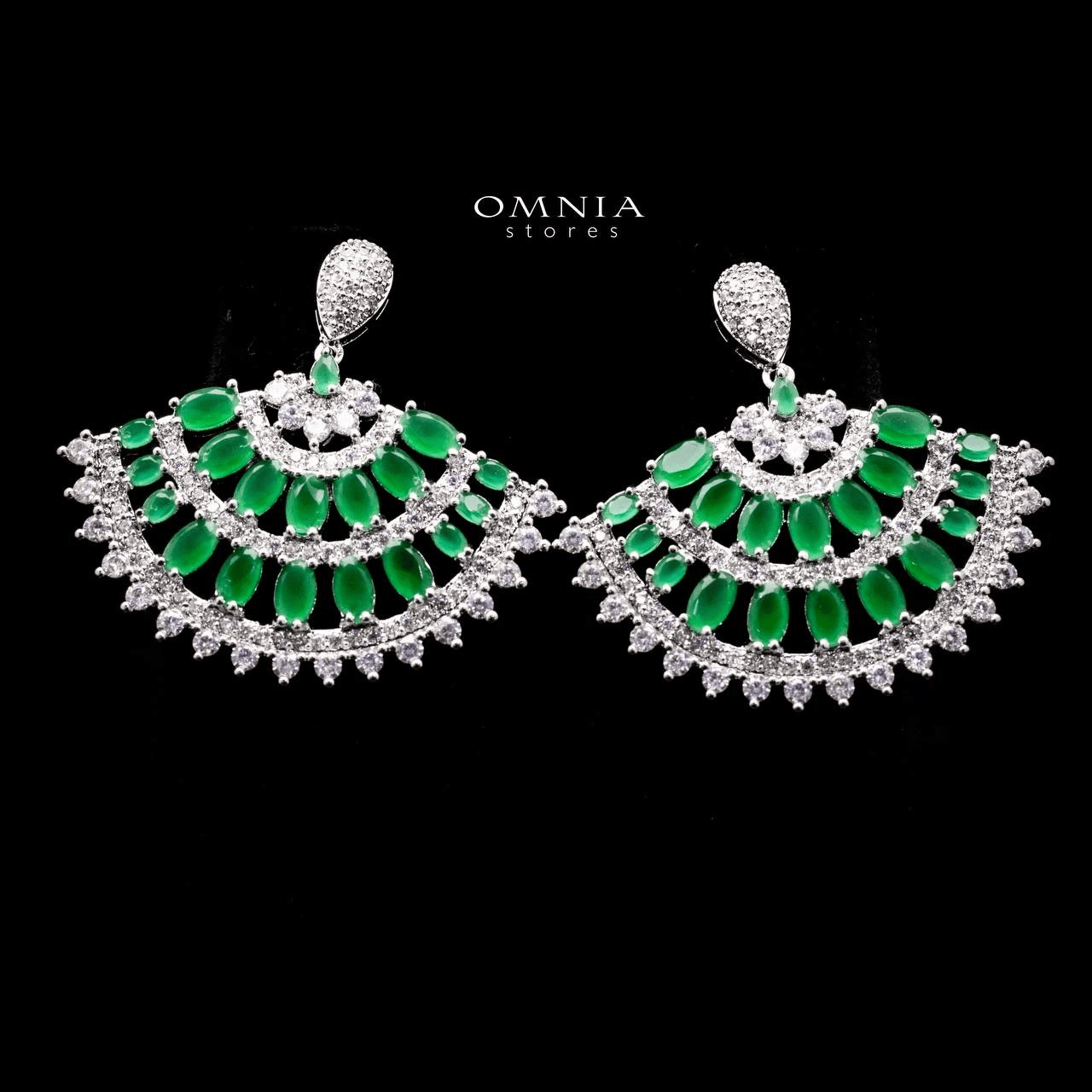Omnia Nancy Fan Shaped Earrings with Green Zircon Stone in High Quality Rhodium Plated - OMNIASTORES UAE
