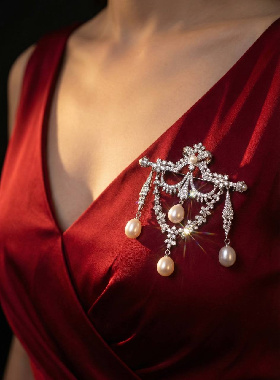 دبوس أمانية هادية من لؤلؤ المياه العذبة الحقيقي من الفضة عيار 92.5 عالية الجودة ومرصع بالألماس الصناعي