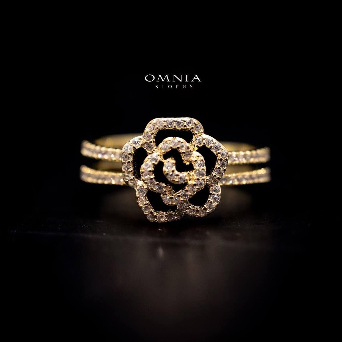 Omnia Rose Floral Gold Ring with Iced Cut Stones in High Quality 92.5 Silver - OMNIASTORES UAE