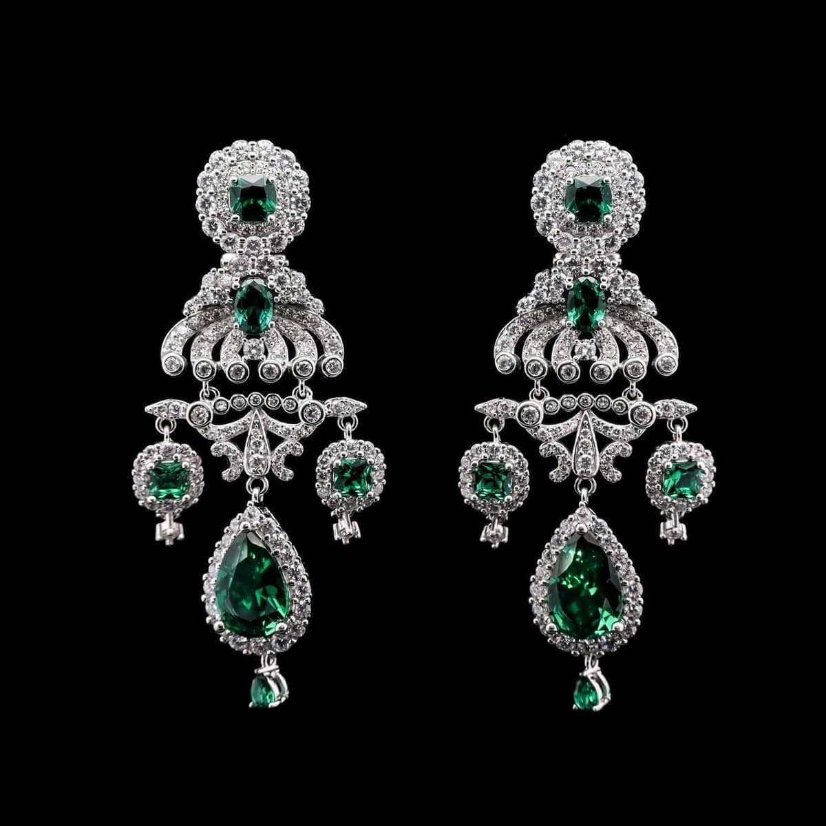 Omnia Amani Chandelier Earrings with Emerald Green Simulated Diamonds in 92.5 Silver - OMNIASTORES UAE