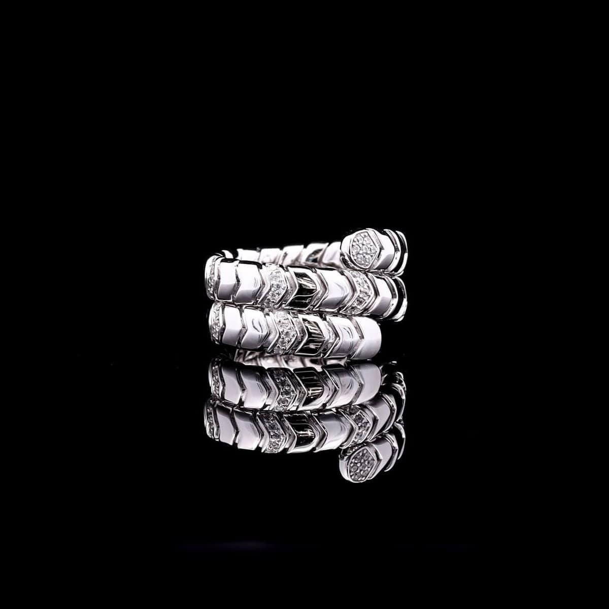 Omnia Layal Silver Bangle and Adjustable Ring Set with Chevron Design in 92.5 Silver and High-Quality Simulated Diamonds - OMNIASTORES UAE