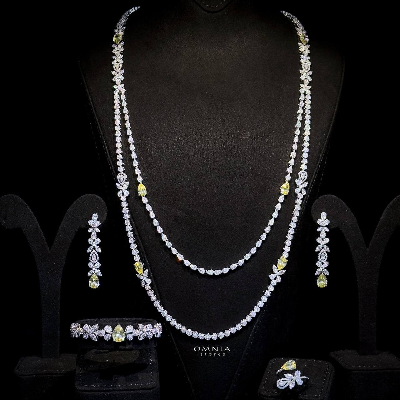 Omnia Yaza Bridal Yellow Long chain Set High Quality Zircon Stone In Rhodium Plated