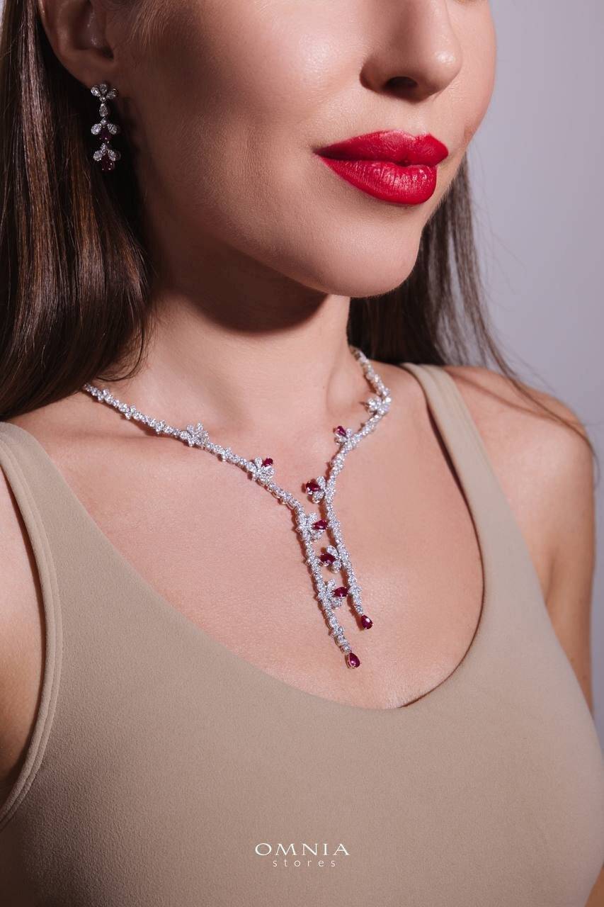 Omnia Lubna Maroon Bridal Full Set in 925 Silver with High-Quality Simulated Diamonds and Teardrop Design - OMNIASTORES UAE