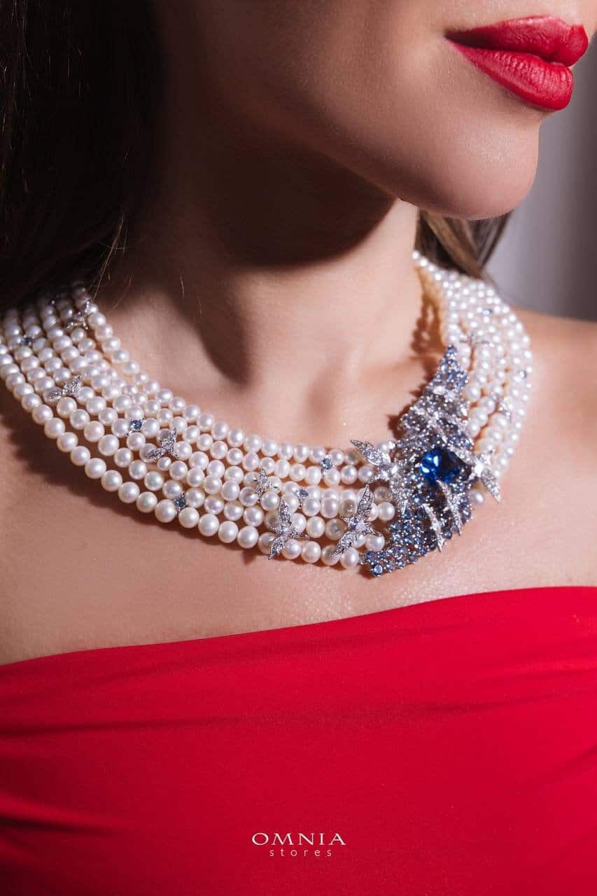 Omnia Blue Butterfly Pearl Necklace in 925 Silver with High Quality Simulated Diamonds - OMNIASTORES UAE
