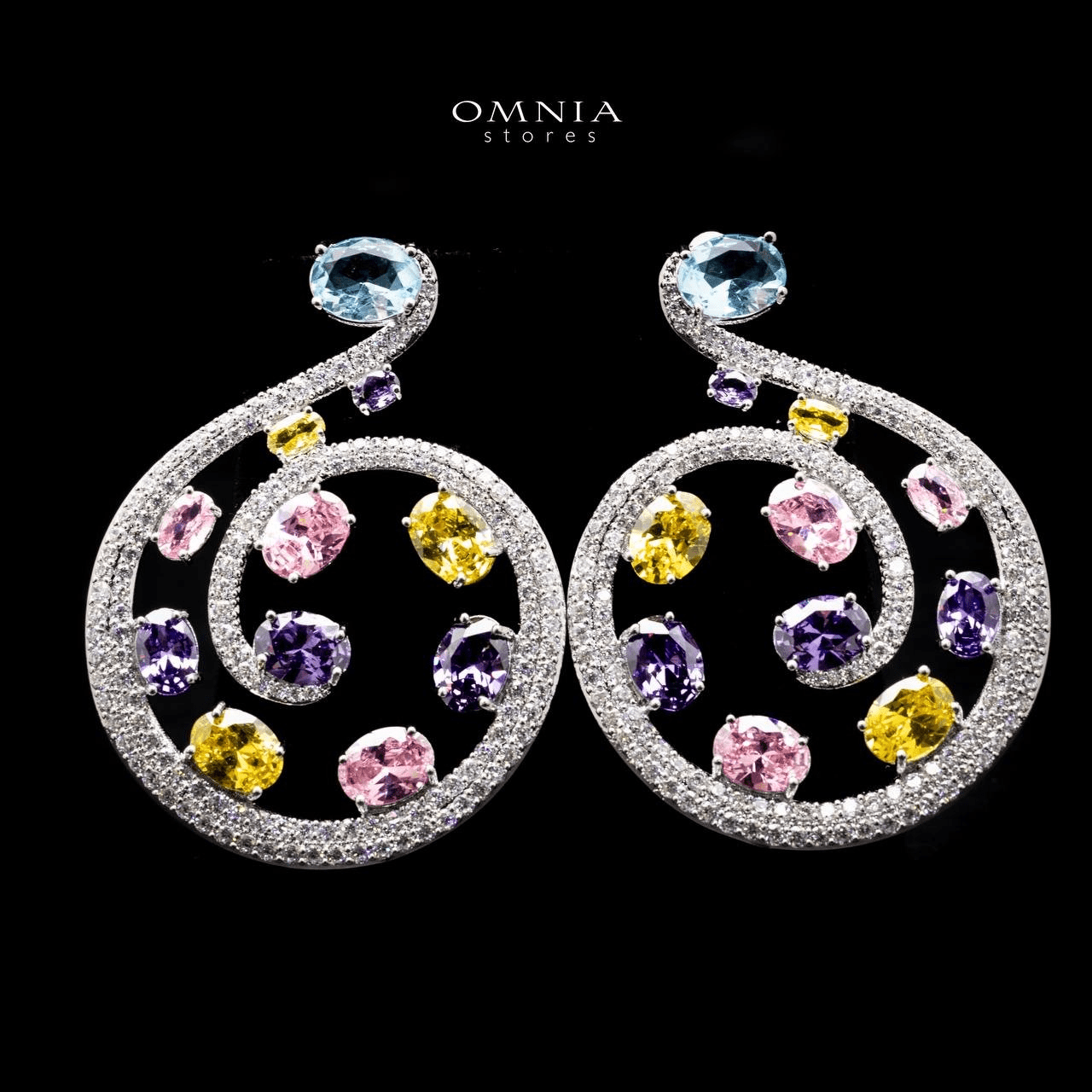 Omnia Fadela Spiral Hoop Earrings with Multicolor Zircon Stone in High Quality Rhodium Plated - OMNIASTORES UAE