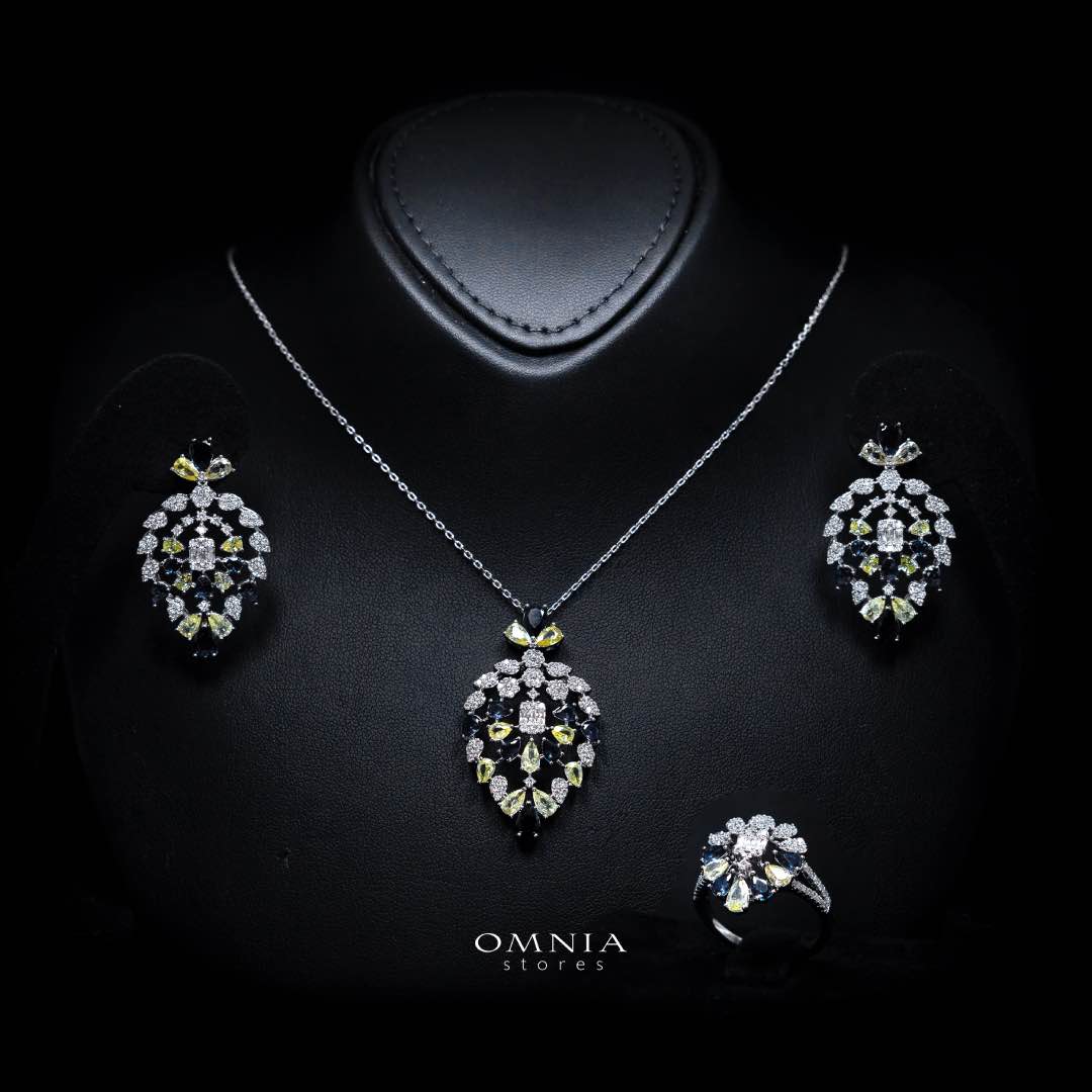 Omnia Ashwaq Blue & Yellow Set in High Quality Zircon Stone