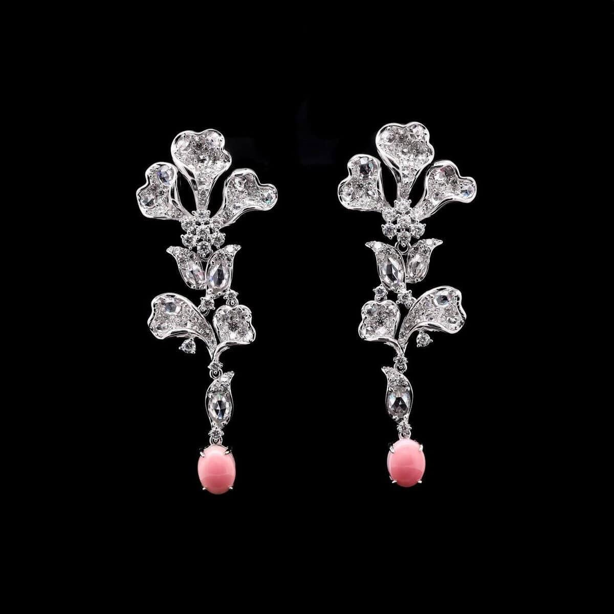 Omnia Floral Drop Earrings with Pink Teardrop Stones and Simulated Diamonds in 92.5 Silver - OMNIASTORES UAE