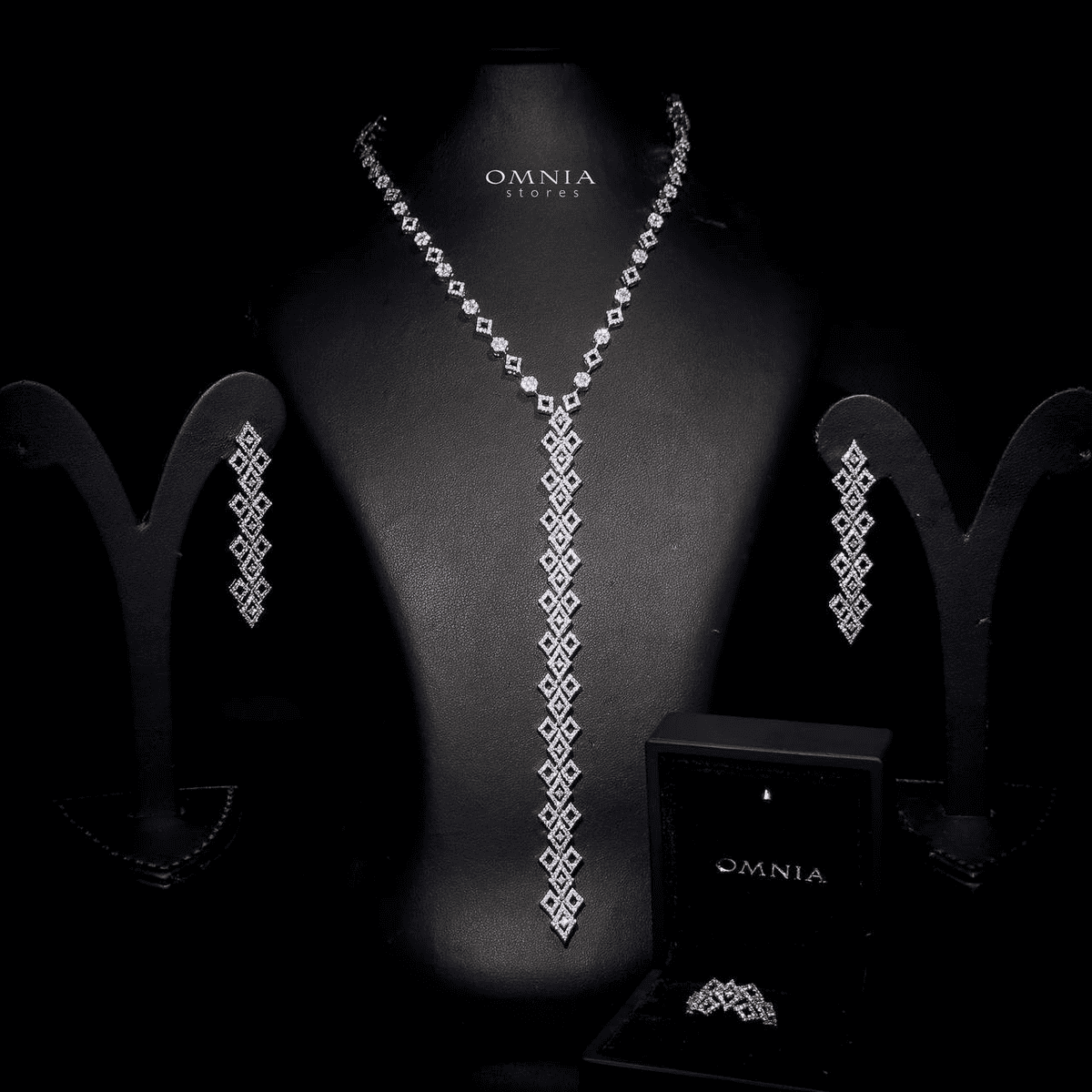 Omnia Hanan Long chain Set Accessories High Quality Zircon Stone In Rhodium Plated - OMNIASTORES UAE
