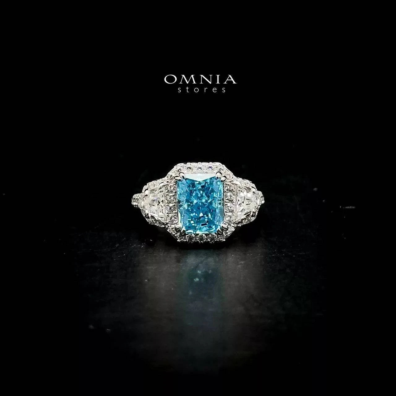 Omnia Aseel Radiant Cut Sky Blue Ring in 92.5 Silver with High Quality Simulated Diamonds - OMNIASTORES UAE