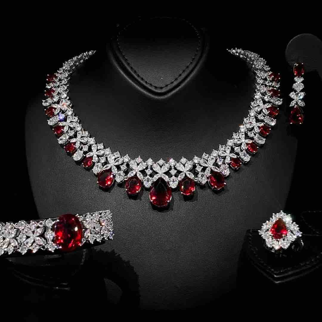 Omnia Suhana Red Bridal Full Set in High Quality Simulated Diamonds