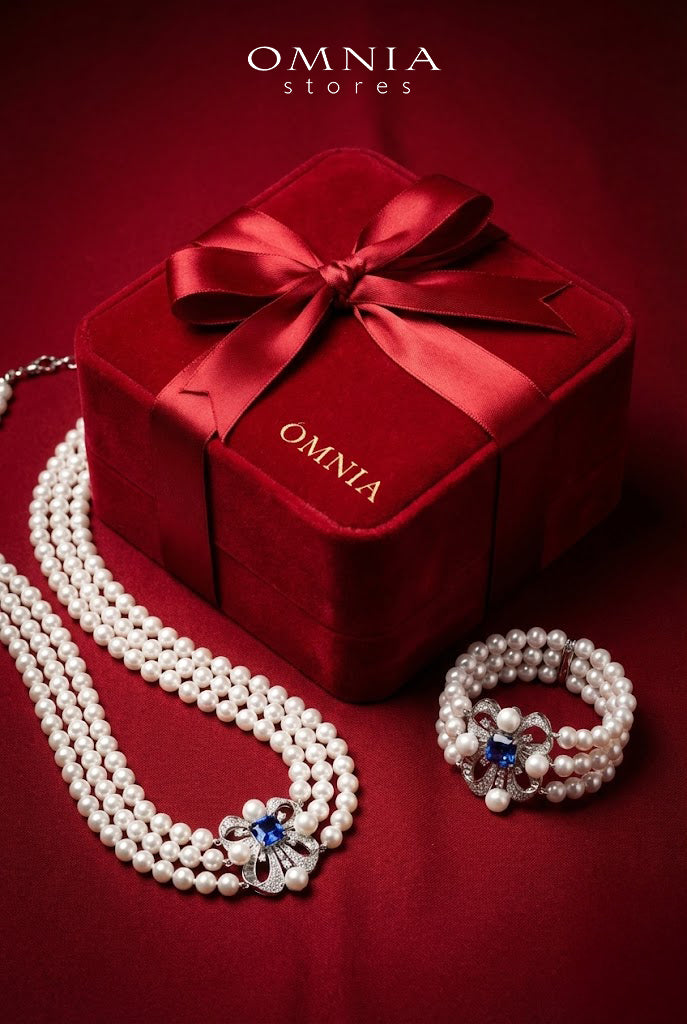 Mahboobeh Blue Pearl Necklace and Bracelet Set in 925 Silver with High Quality Simulated Diamonds