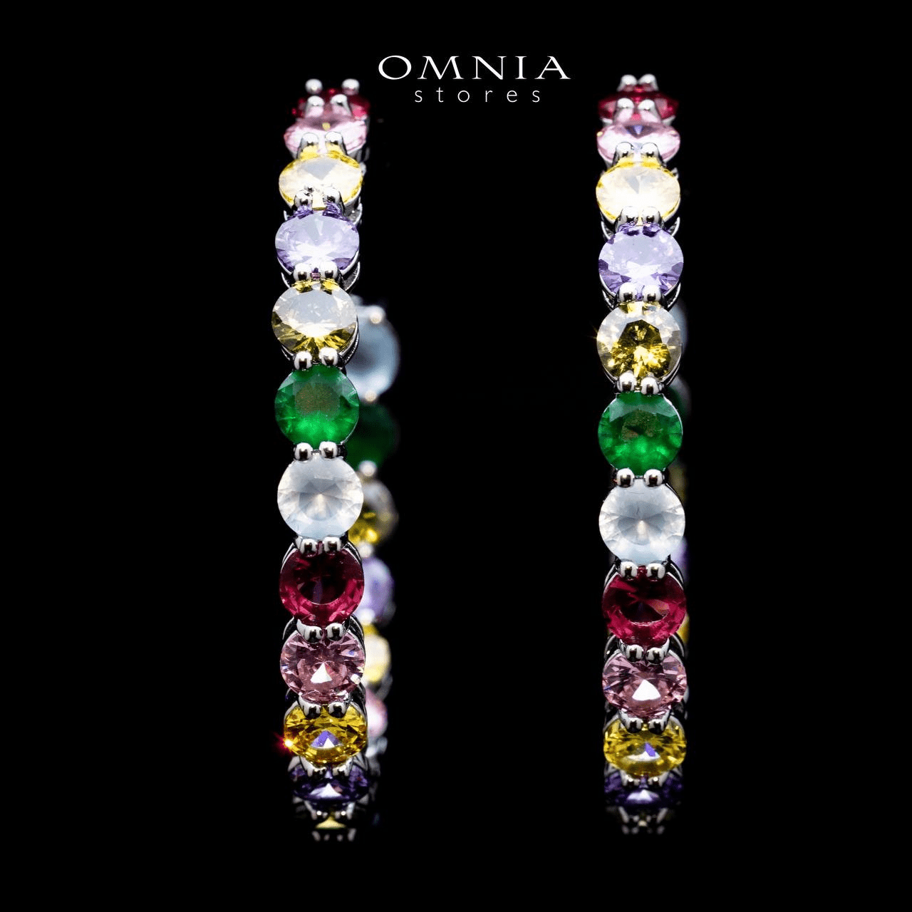 Omnia Rina Multi Color Radiant Crystal Hoop Earrings in High Quality Zircon Stone Rhodium Plated - OMNIASTORES UAE