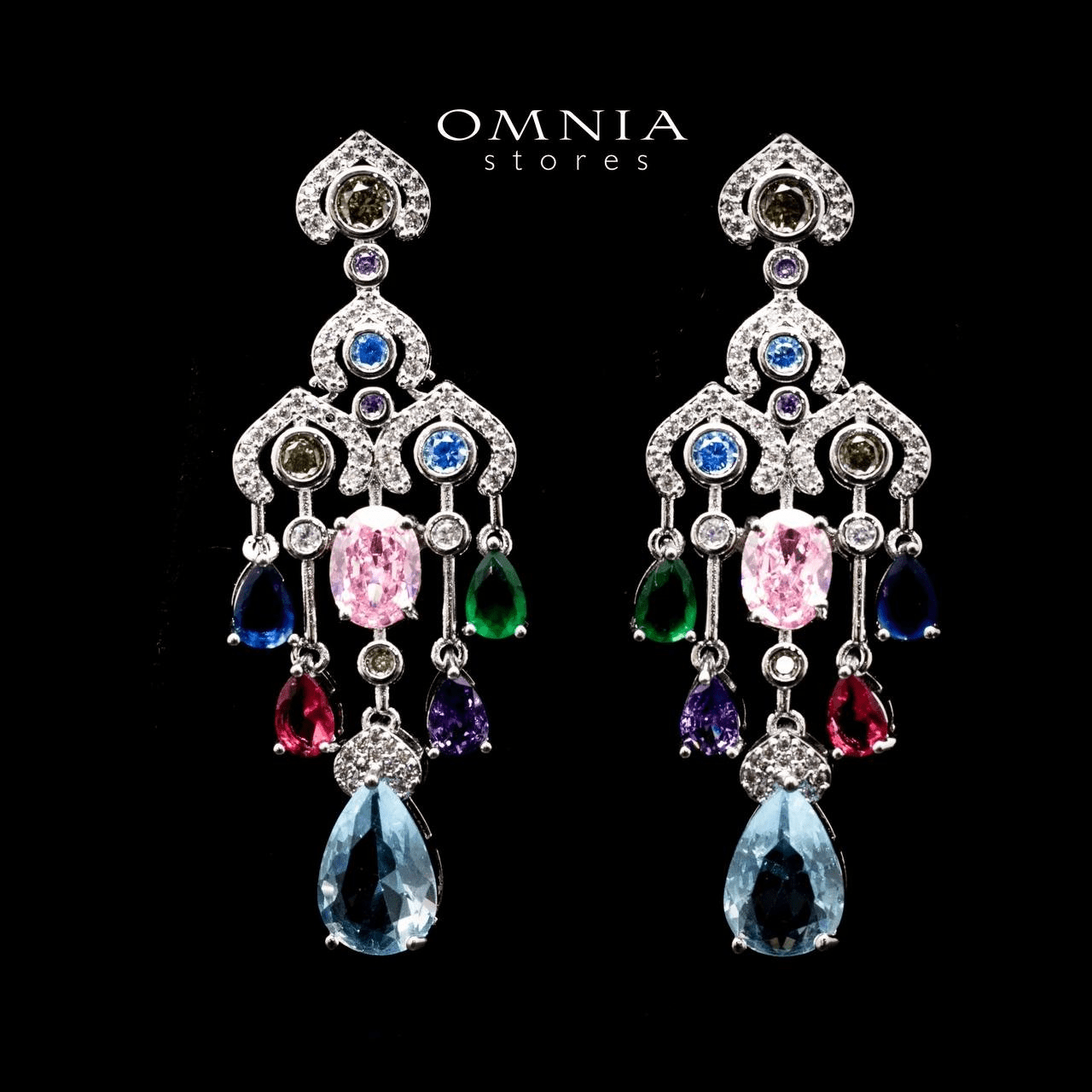 Omnia Zuwaina Radiance Chandelier Earrings with Multicolor Zircon Stone in High Quality Rhodium Plated - OMNIASTORES UAE