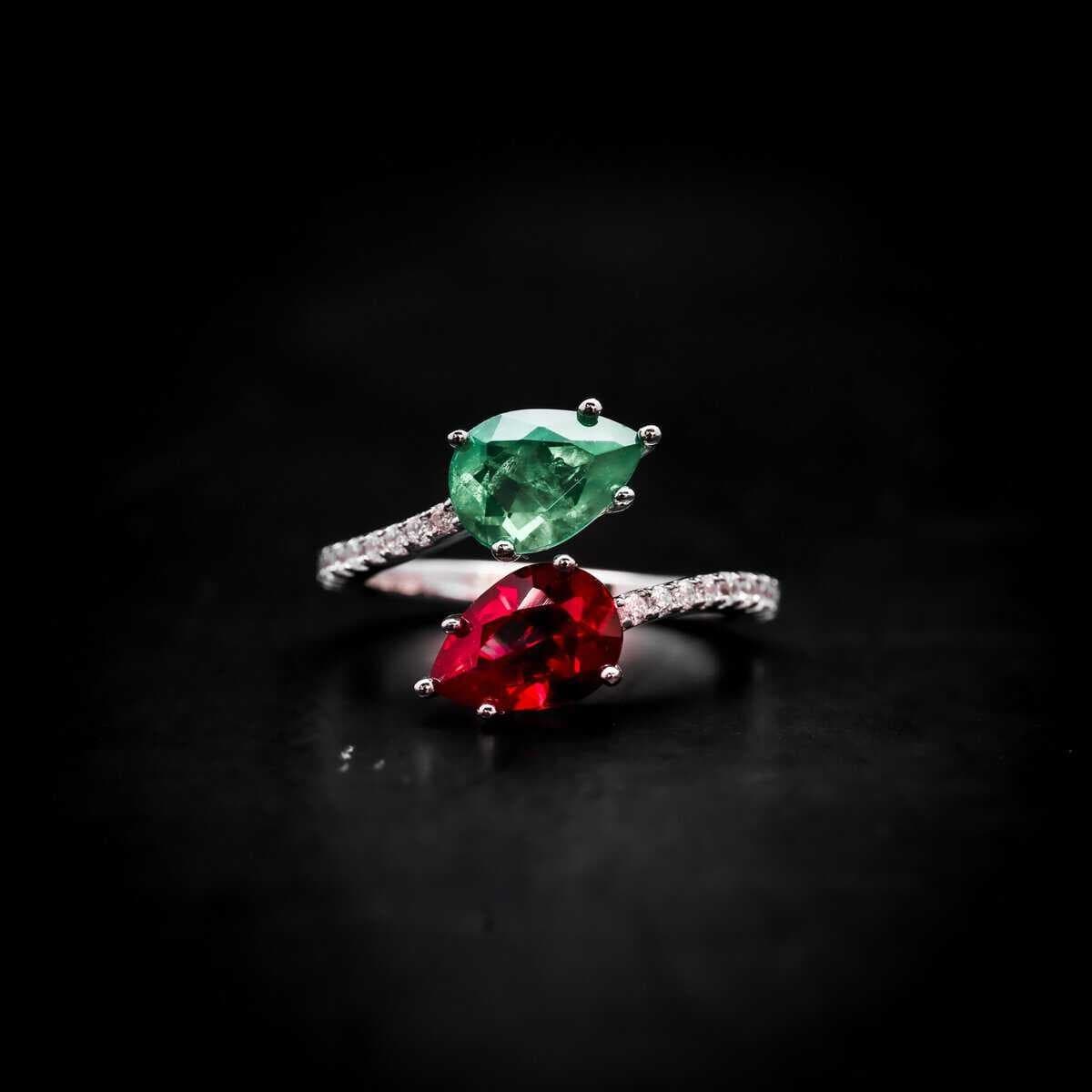 Darlene Dual Teardrop Ring in 92.5 Silver with High Quality Green and Red Simulated Diamonds - OMNIASTORES UAE