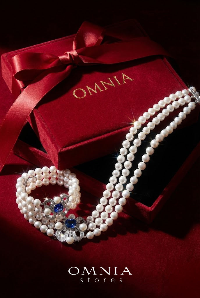 Mahboobeh Blue Pearl Necklace and Bracelet Set in 925 Silver with High Quality Simulated Diamonds