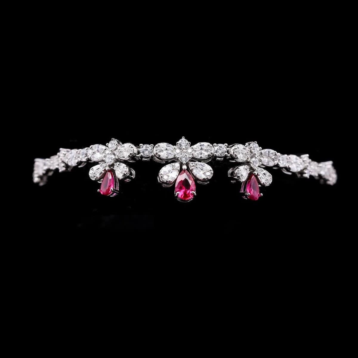Omnia Lubna Maroon Bridal Full Set in 925 Silver with High-Quality Simulated Diamonds and Teardrop Design - OMNIASTORES UAE