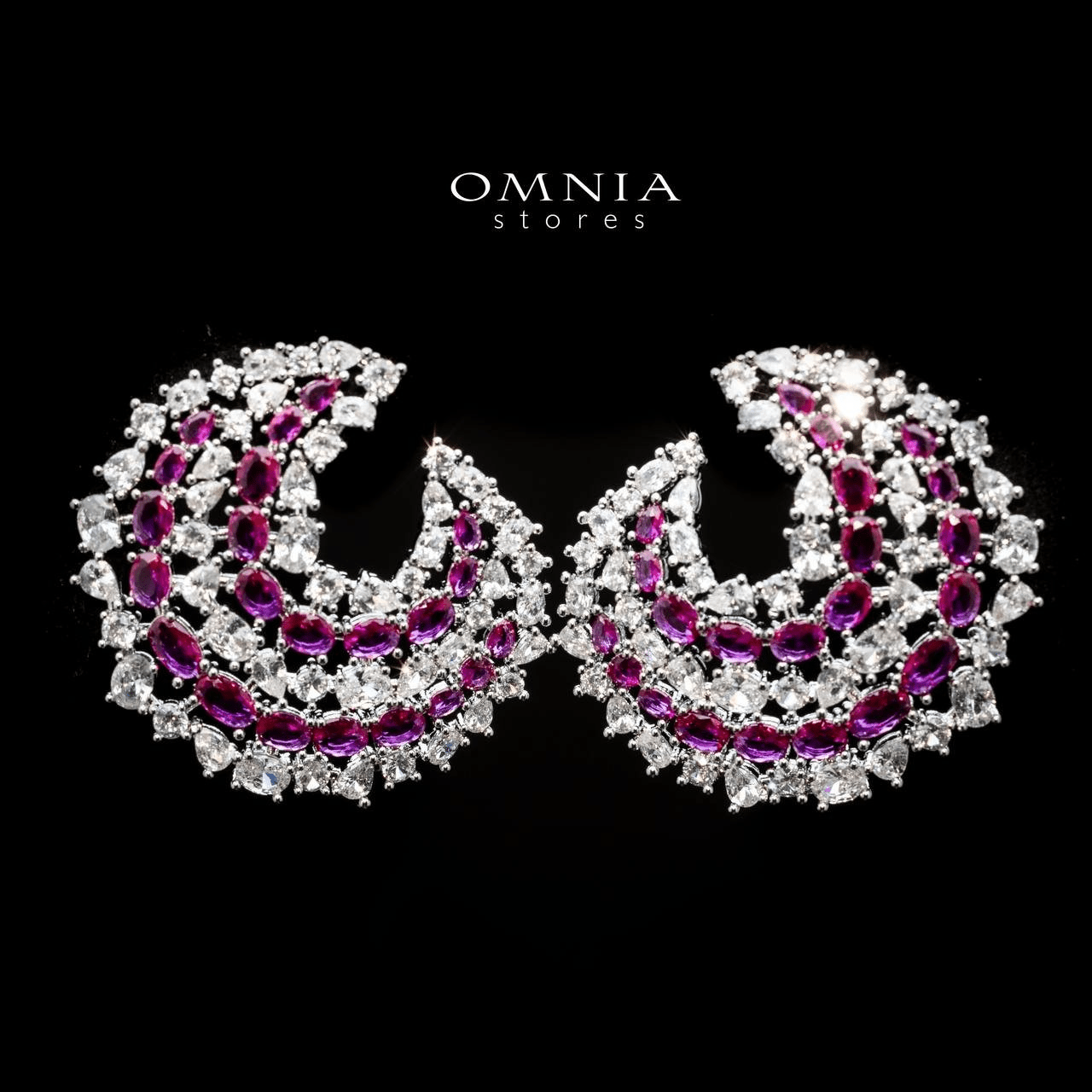 Omnia Salma Crescent Earrings with Maroon and White Zircon in High Quality Rhodium Plated - OMNIASTORES UAE