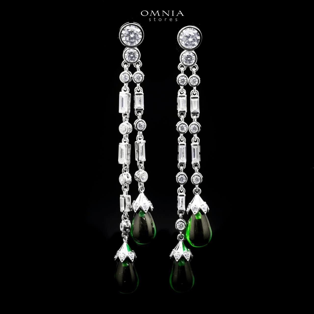 Omnia Leila Long Chain Drop Earrings with Green Teardrop Accent in 92.5 Silver with High Quality Simulated Diamonds - OMNIASTORES UAE