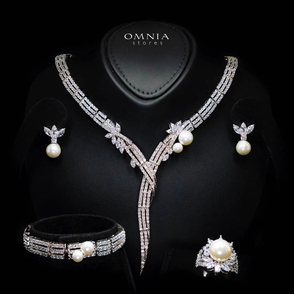 Omnia Larman Luxury Bridal Pearl Full Set in High Quality Simulated Diamonds Premium Rhodium Plated