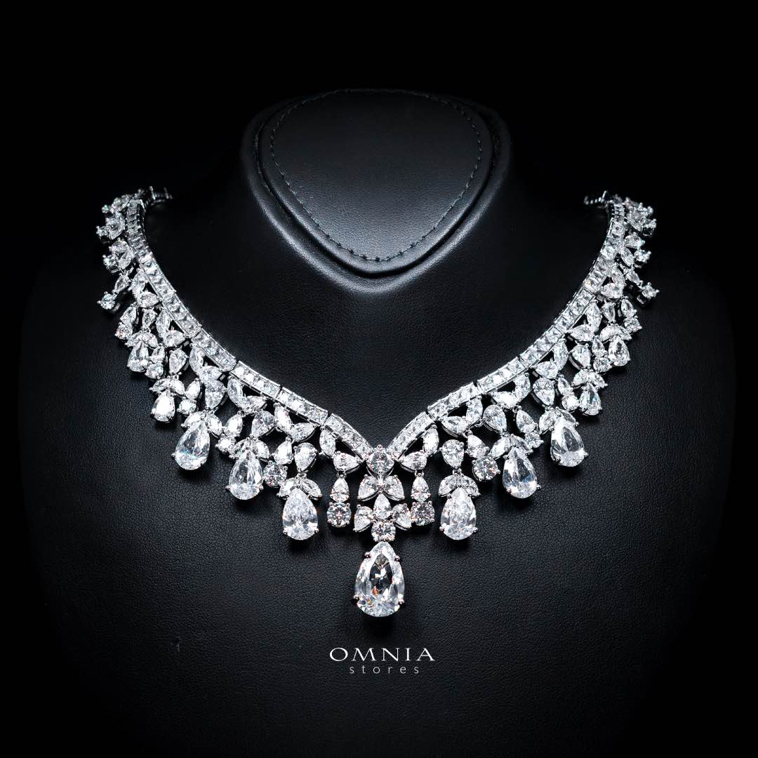 طقم زفاف فاخر كامل من أمنية برينسيس وايت مرصع بألماس محاكي عالي الجودة بقصة الكمثرى ومطلي بالروديوم