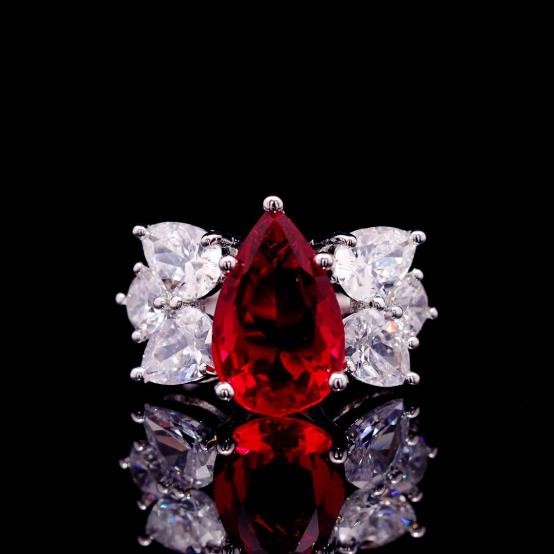 Omnia Princess Bridal Full Set with Pear-Cut White and Red High Quality Simulated Diamonds Premium Rhodium Plated