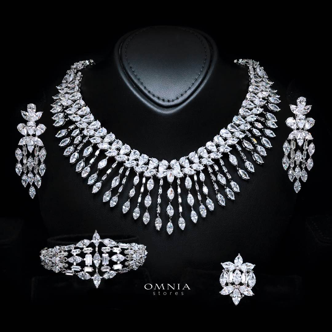 Omnia Soheila White Luxury Bridal Full Set with Emerald and Pear-Cut High-Quality Simulated Diamonds Rhodium Plated