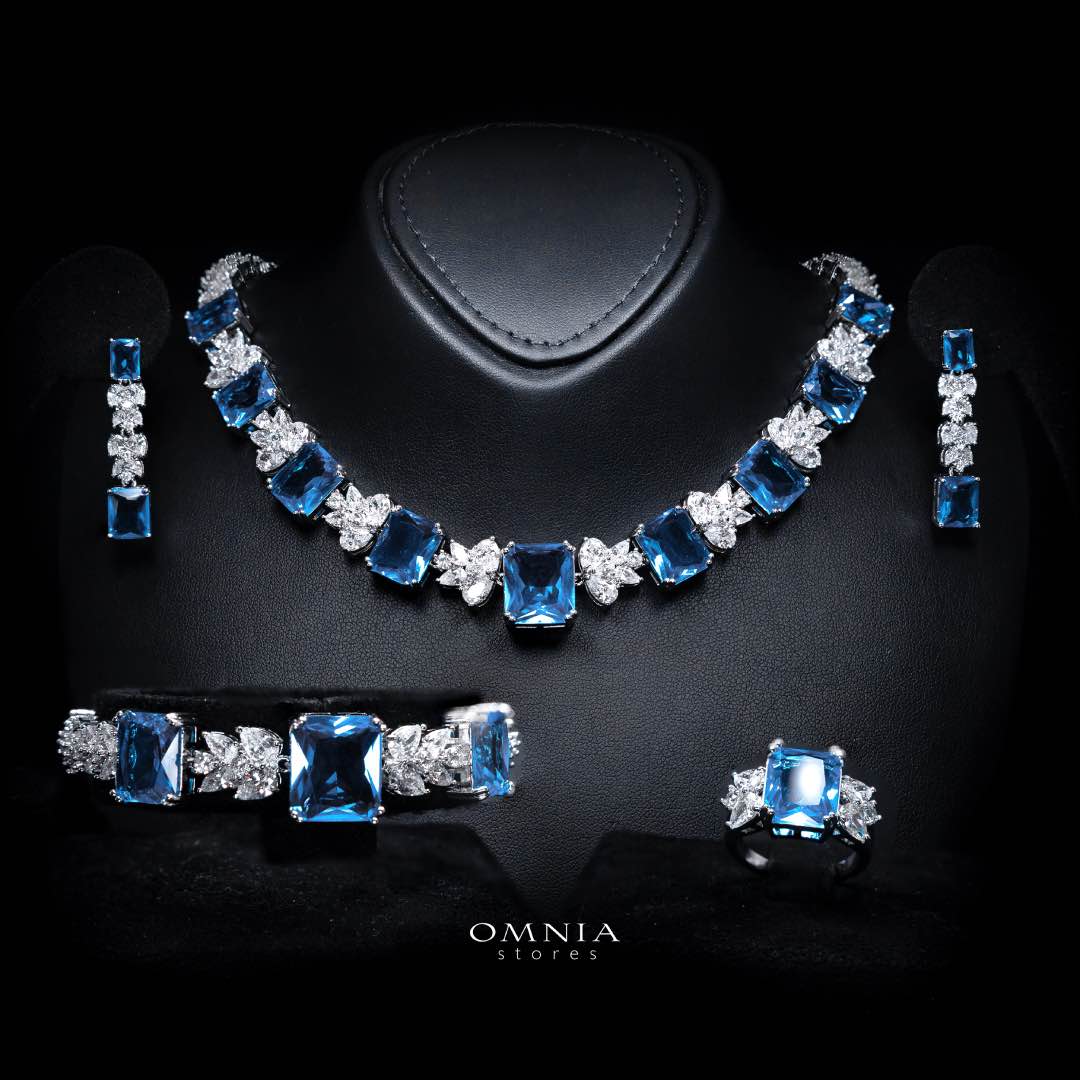Omnia Amelia Sky Blue Bridal Full Set with Emerald and Pear-Cut High-Quality Simulated Diamonds
