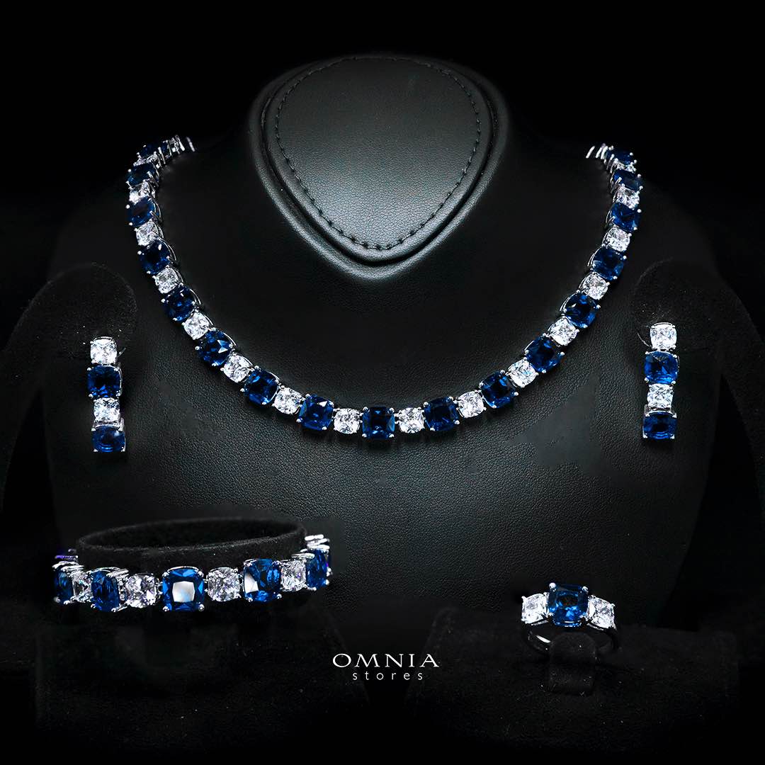 Omnia Alya Dark Blue Bridal Full Set with High Quality Simulated Diamonds Premium Rhodium Plated