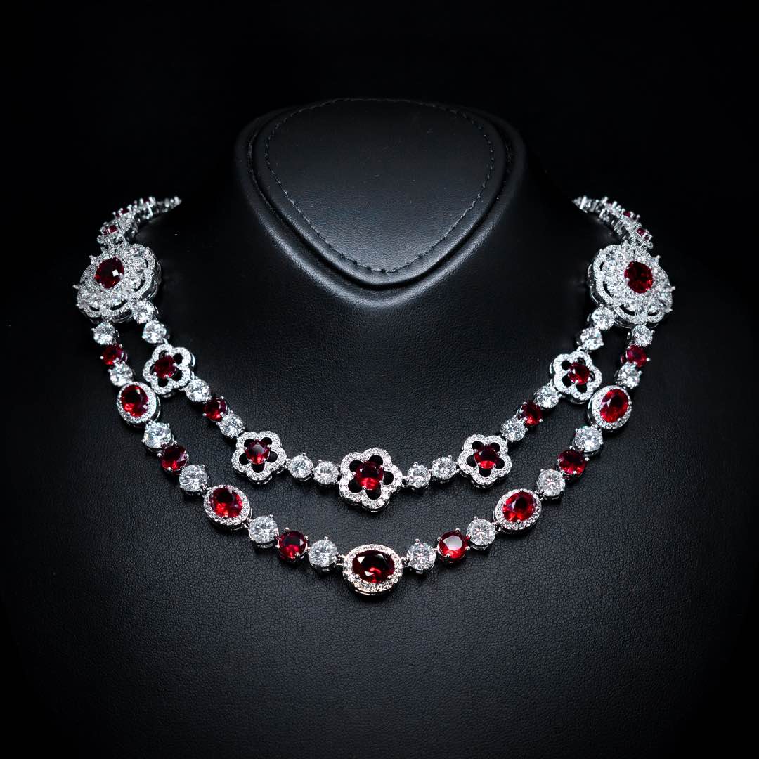 Omnia Esra Red Full Set in High Quality Simulated Diamonds Premium Rhodium Plated - OMNIASTORES UAE
