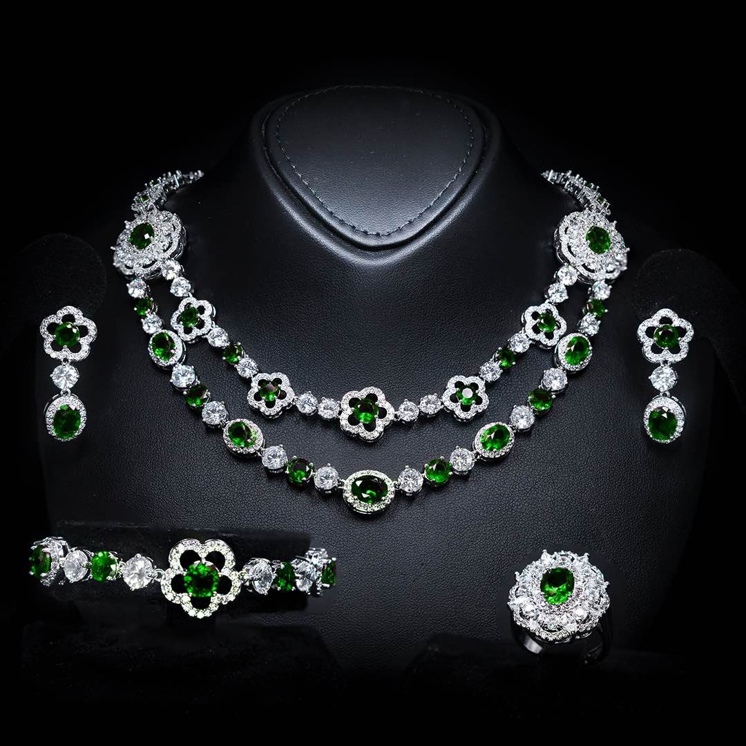 Omnia Esra Green Luxury Bridal Full Set in High Quality Simulated Diamonds Premium Rhodium Plated