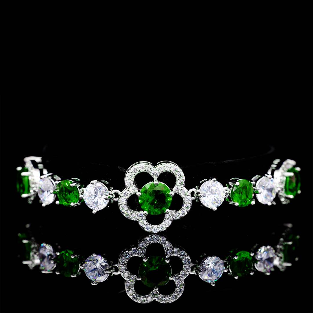 Omnia Esra Green Luxury Bridal Full Set in High Quality Simulated Diamonds Premium Rhodium Plated