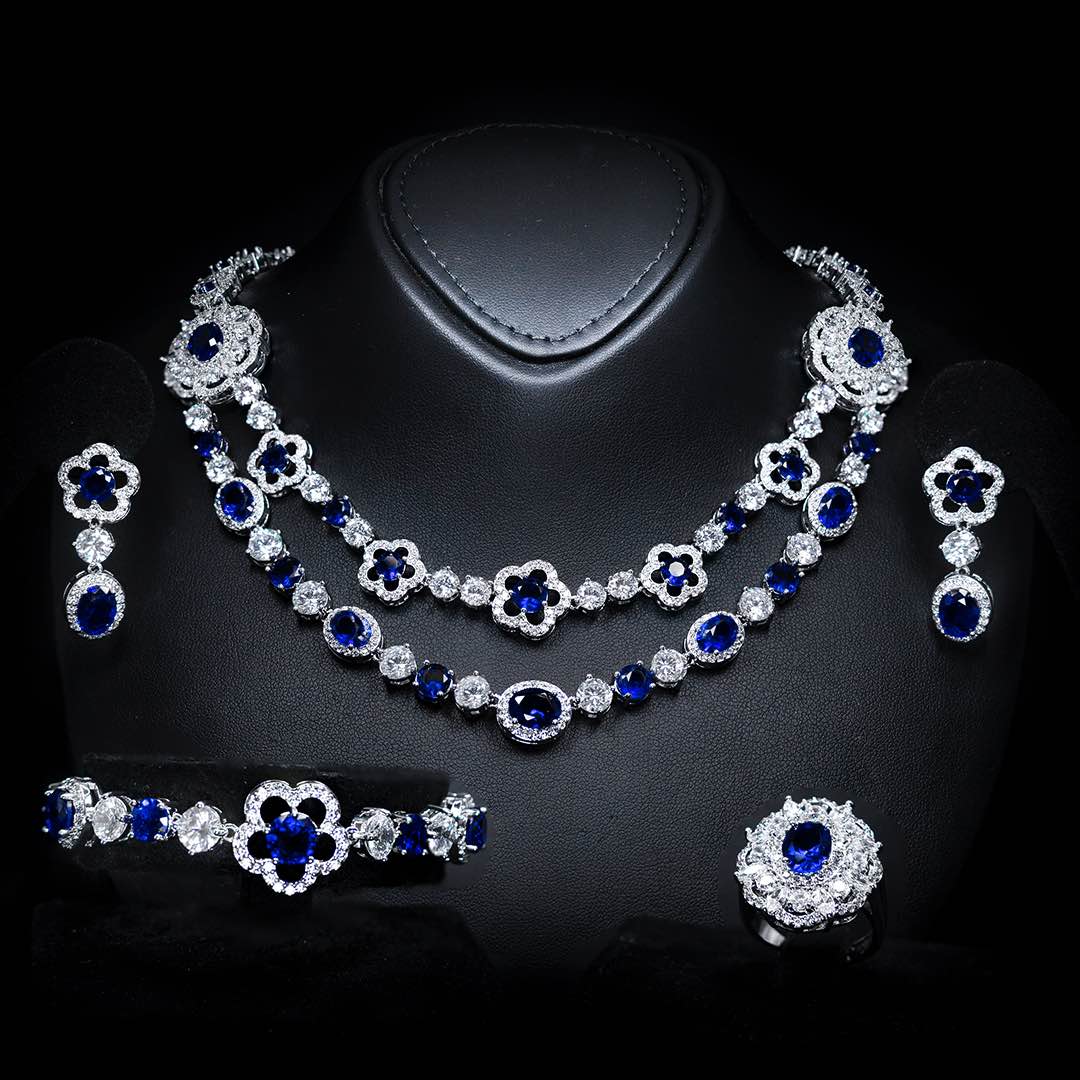 Omnia Esra Blue Full Set in High Quality Simulated Diamonds Premium Rhodium Plated