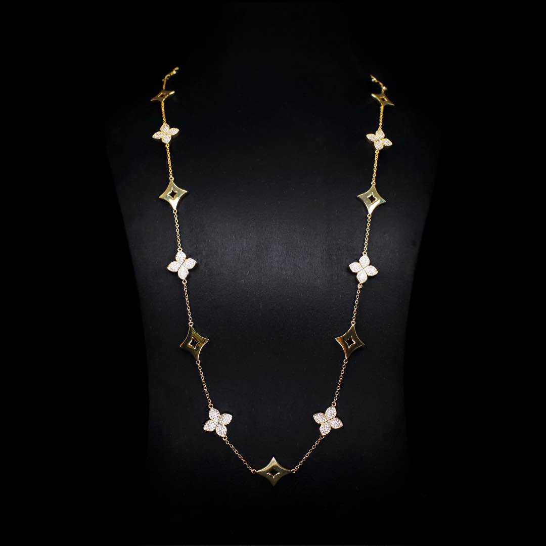 Omnia Golden Clove Long Chain in 100cm with High-Quality Simulated Diamonds Gold Plated