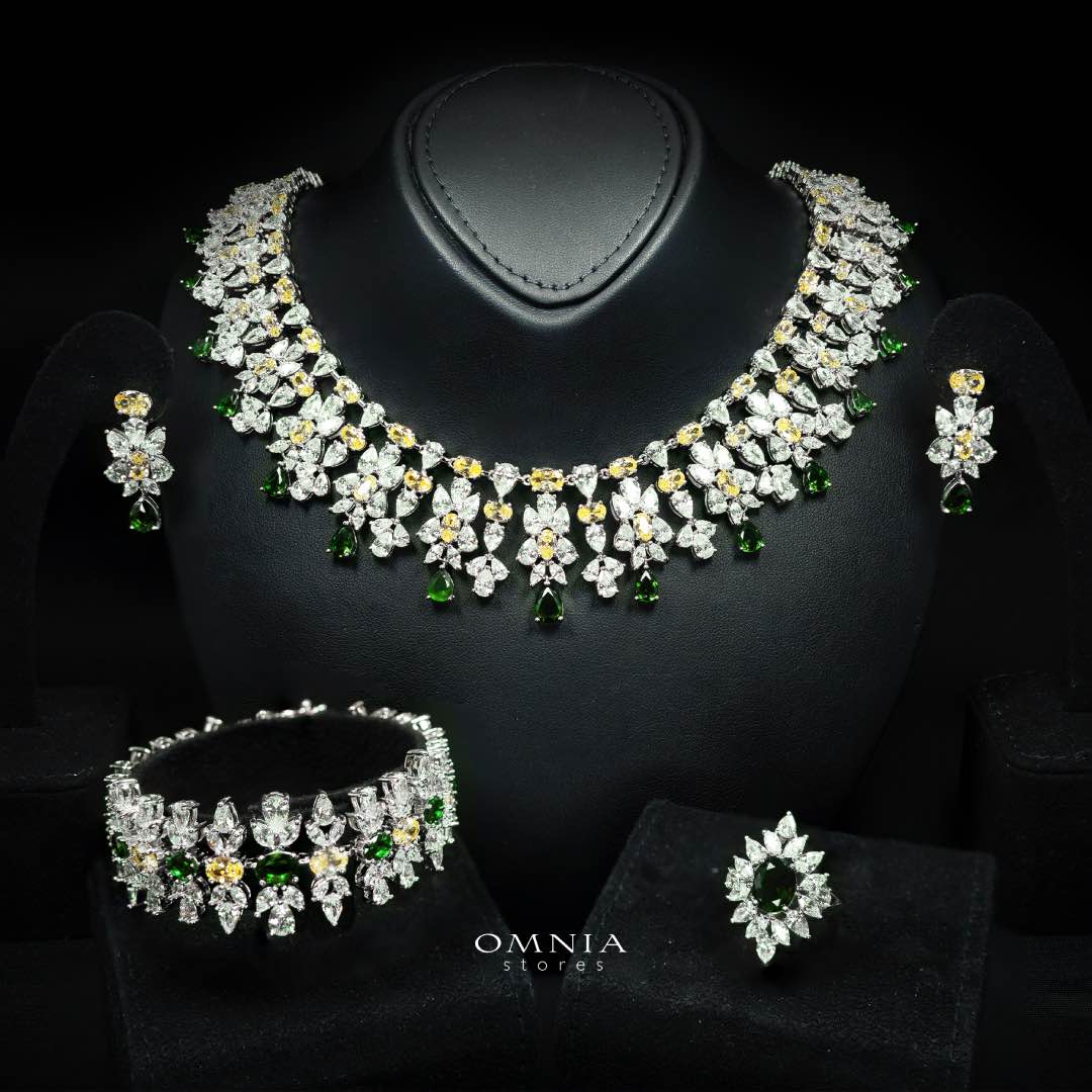 Omnia Dema Emerald Green and Yellow Bridal Full Set in High Quality Zircon Stone Rhodium Plated